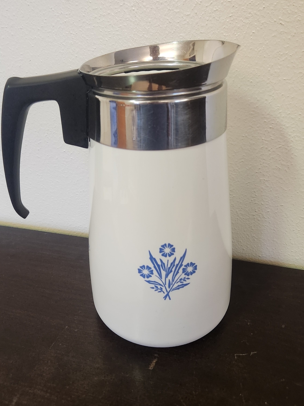 Corningware White Ceramic Pitcher with Blue Floral Design and Black Handle